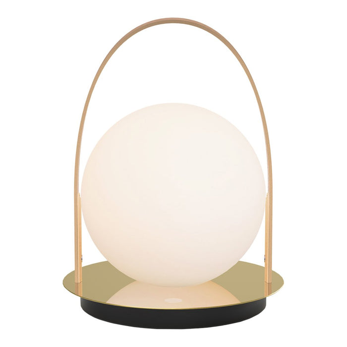 Modern table lamp featuring a soft white globe, gold accents, and a sleek black base. Elegant minimalist design.