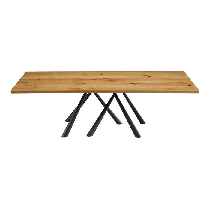 Natural wood tabletop with a warm oak finish and sleek black metal legs, featuring a modern, minimalist design.
