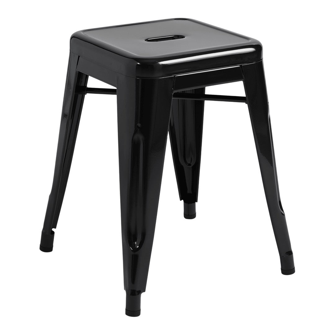 Black metal stool with a sleek, minimalist design and a smooth, shiny finish. Perfect for modern decor.