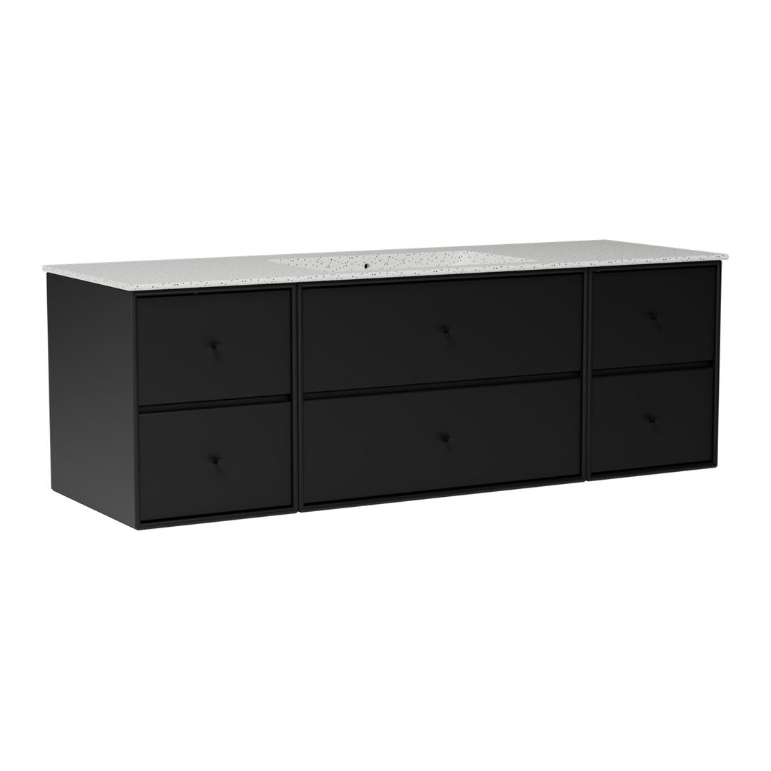 Elegant black dresser with six smooth, flat-front drawers and a sleek white countertop. Modern design perfect for any space.