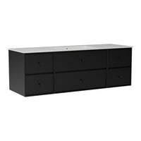 Elegant black dresser with six smooth, flat-front drawers and a sleek white countertop. Modern design perfect for any space.