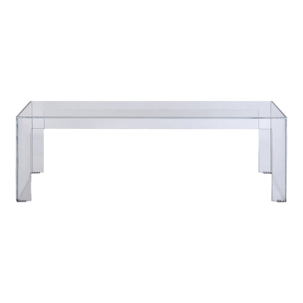 Clear acrylic coffee table with a sleek, modern design; transparent finish adds elegance to any space.