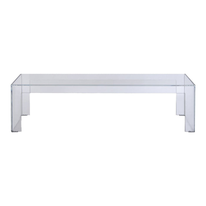 Clear acrylic coffee table with a sleek, minimalist design and smooth surface, perfect for modern decor.