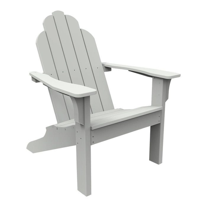 Light gray Adirondack chair with smooth, slatted design and rounded backrest, perfect for outdoor relaxation.