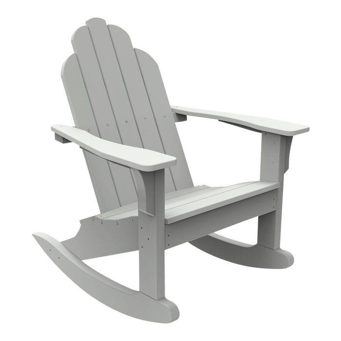 Gray wooden rocking chair with a classic slatted design, featuring a smooth finish and gentle curves.