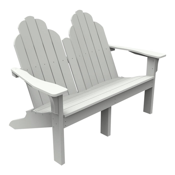 Gray two-seater Adirondack bench with a scalloped backrest and slatted seating, perfect for outdoor relaxation.