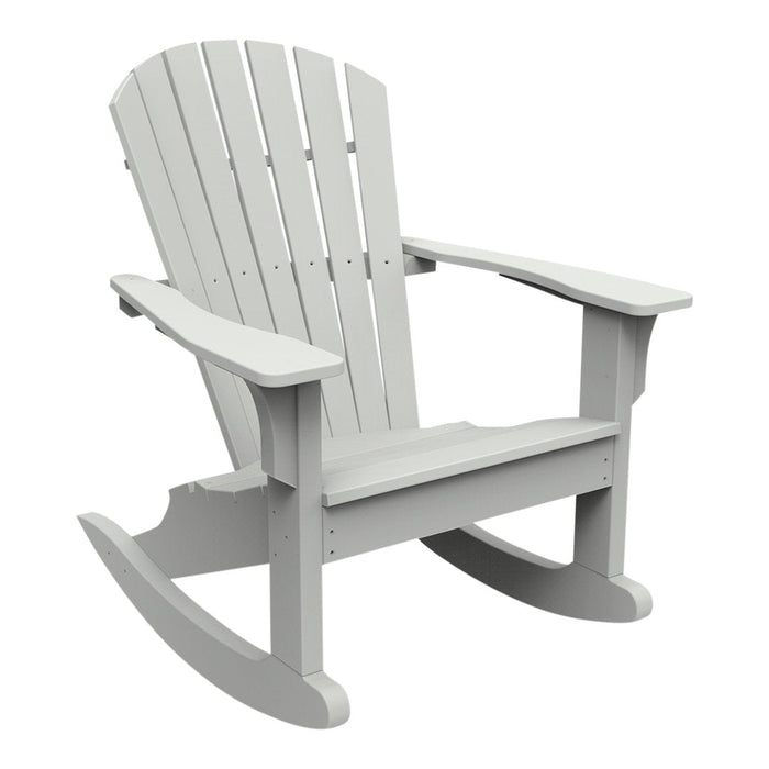 Light gray Adirondack rocking chair with slatted back and wide armrests, perfect for outdoor relaxation.