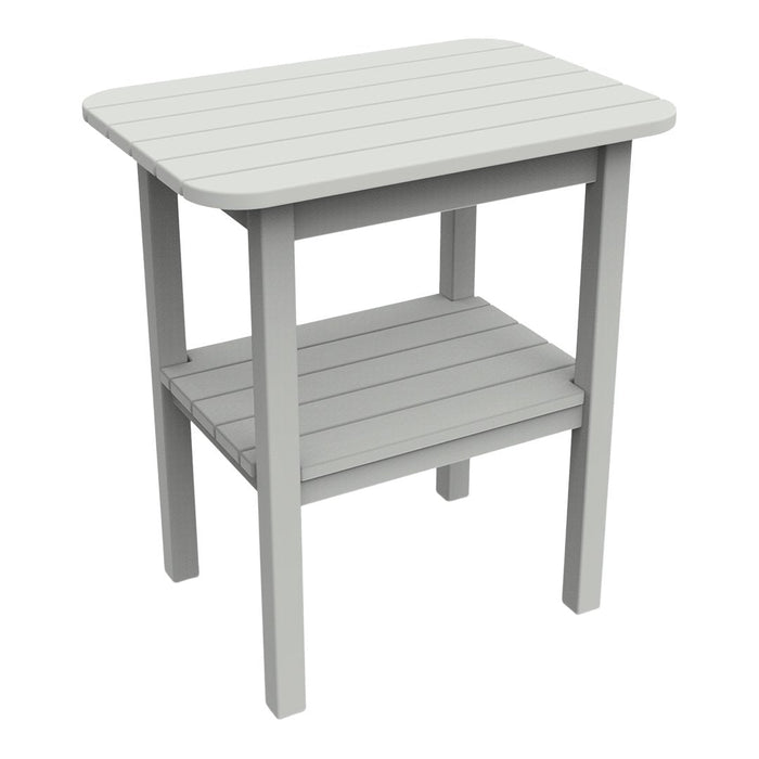 Light gray wooden side table with slatted top and shelf, featuring a sleek, minimalist design.