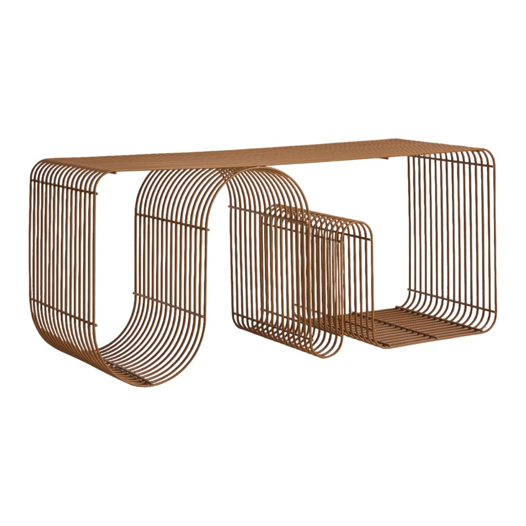 Modern bronze wire console table with stylish curved patterns and an open design for a contemporary look.