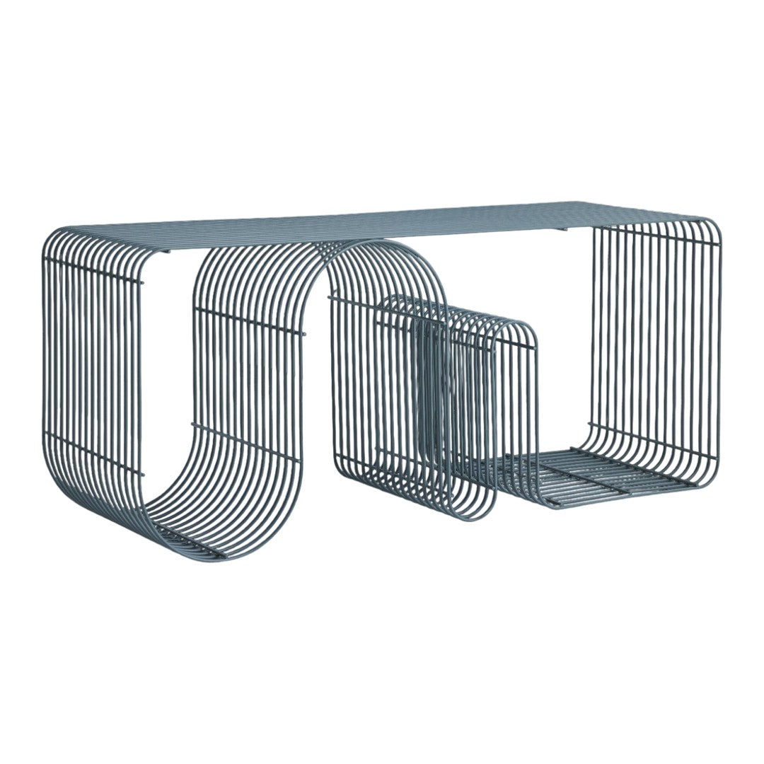 Sleek gray wire table with minimalist design, featuring curved and linear patterns for modern decor.