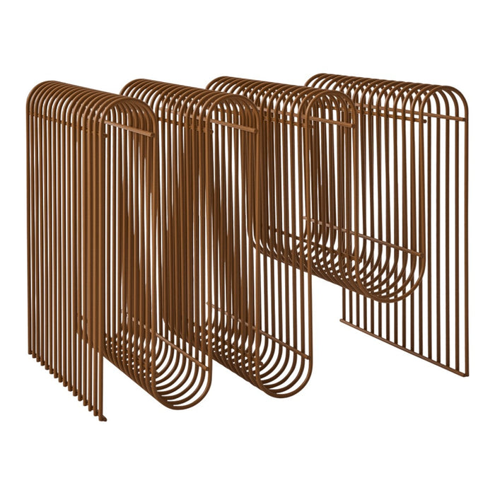 Rusty brown metal wire organizer with sleek curves and vertical stripes, enhancing modern decor aesthetics.