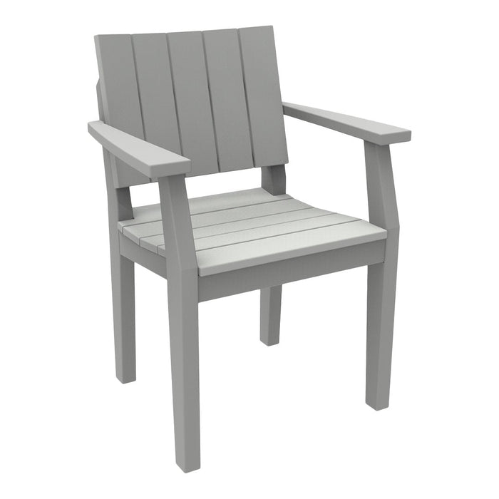Gray slatted outdoor chair with straight armrests and a minimalist design, perfect for modern patio decor.