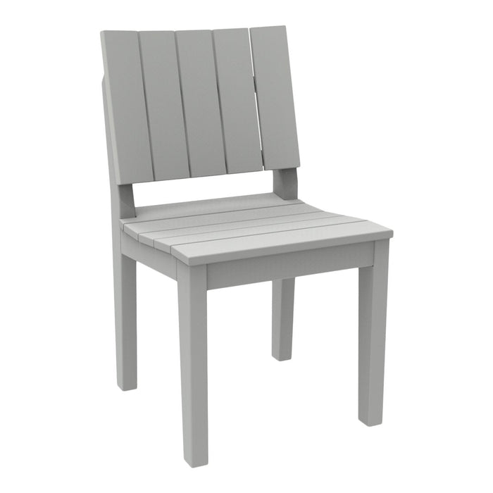 "Gray slatted chair with a simple design and smooth finish, ideal for modern outdoor or indoor settings."