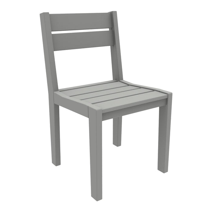 Gray wooden chair with a slatted seat and backrest, featuring a minimalist design and sleek lines. Perfect for modern decor.