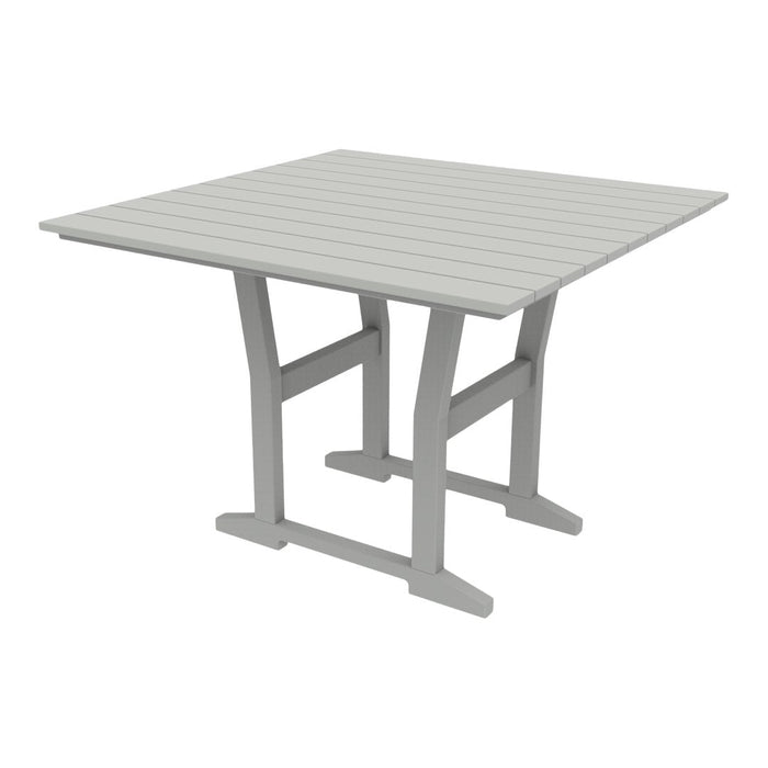 Square gray outdoor table with a slatted top design and sturdy cross legs, perfect for patios or gardens.