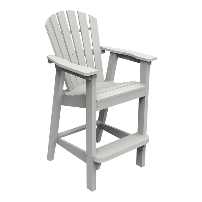 Light gray adirondack chair with slatted back and arms, featuring a simple, classic design and sturdy base.