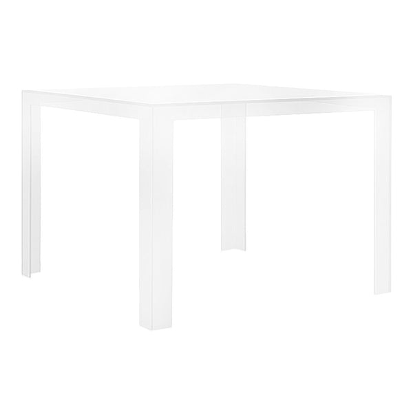 Clear acrylic square table with a minimalist design, featuring a sleek, transparent finish and no visible patterns.
