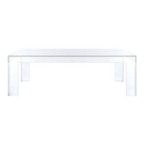 Clear acrylic table with a minimalist design, featuring a smooth, glossy surface and angular transparent legs.