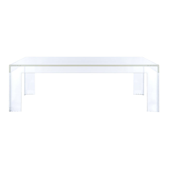 Clear acrylic table with a minimalist design, featuring a smooth, glossy surface and angular transparent legs.