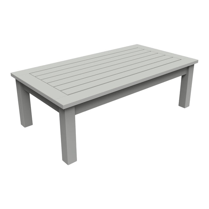 Light gray rectangular coffee table with a slatted top design and sturdy legs, perfect for modern outdoor decor.