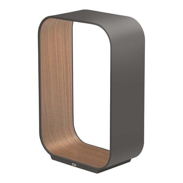 Modern gray and wood grain lamp design with clean lines and a sleek rectangular shape. Ideal for minimalist decor.
