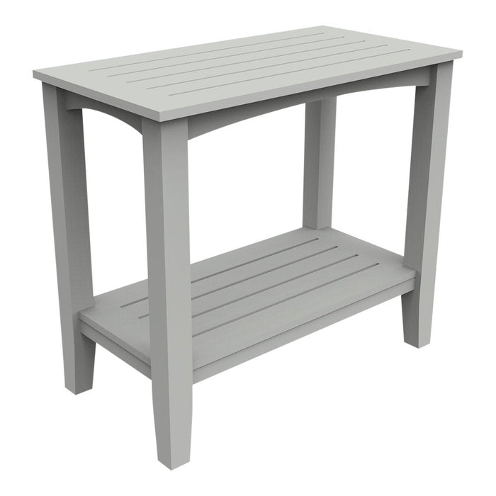 Gray wooden side table with slatted top and shelf, perfect for indoor or outdoor use.