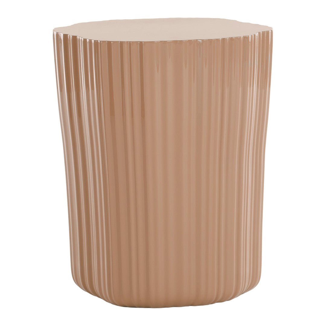"Glossy ribbed accent table in soft beige hue, featuring a modern, sculptural design."