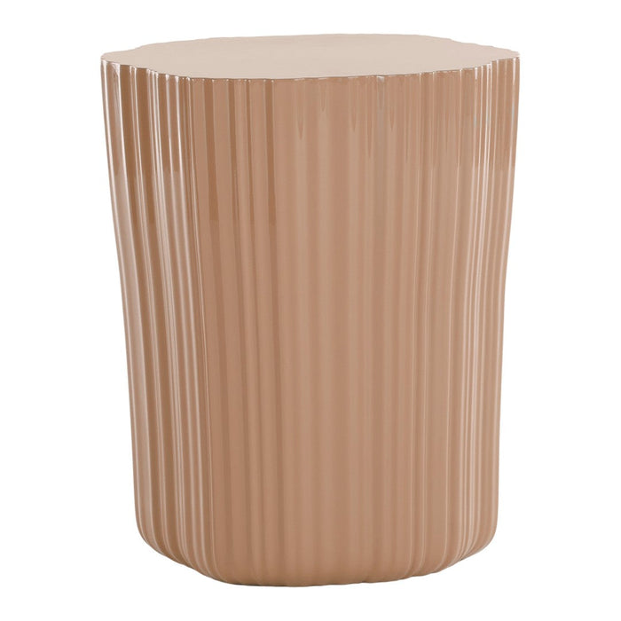 "Glossy ribbed accent table in soft beige hue, featuring a modern, sculptural design."