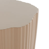 Round beige side table with a textured scalloped edge and smooth taupe top. Perfect for modern decor.