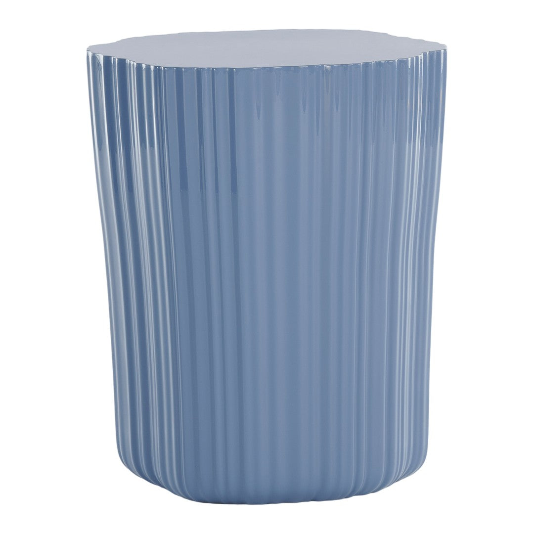 Glossy blue accent table with vertical ribbed pattern and a smooth, rounded top. Perfect for modern decor.