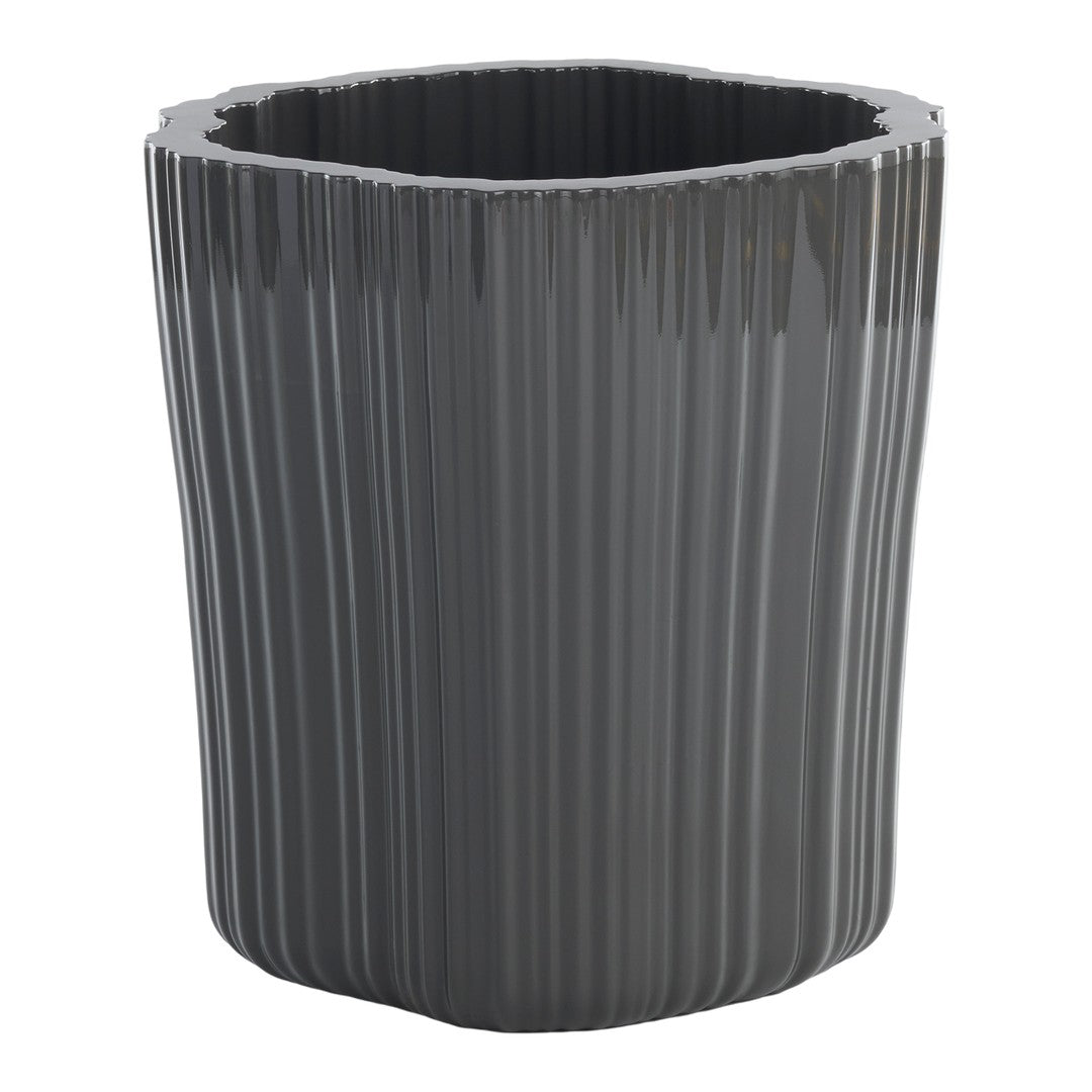 Glossy dark gray planter with vertical ribbed pattern, perfect for modern decor. Ideal for indoor or outdoor use.