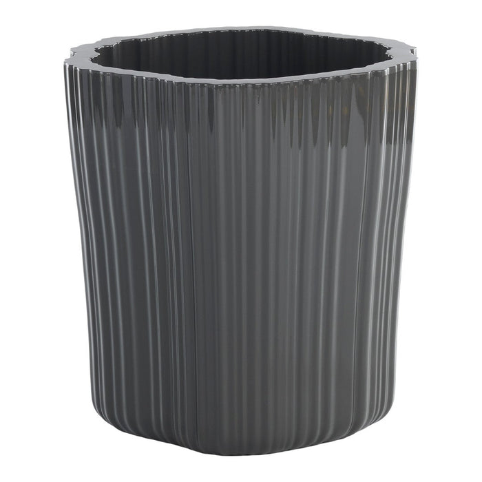 Glossy dark gray planter with vertical ribbed pattern, perfect for modern decor. Ideal for indoor or outdoor use.