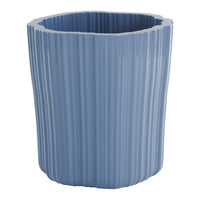 Light blue, ribbed ceramic planter with an irregular top edge, adding a modern touch to home decor.