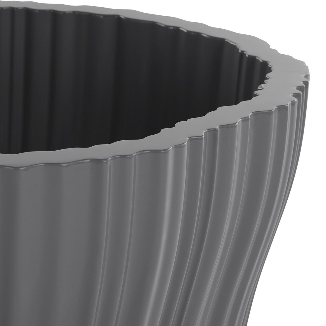 Gray plastic planter with a ribbed texture and scalloped edge, showcasing a sleek, modern design.