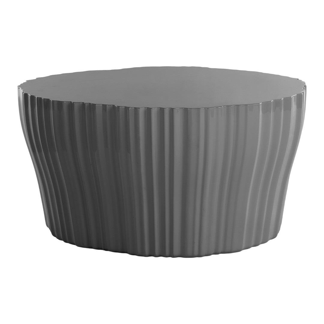 Gray ribbed round coffee table with a glossy finish and modern design. Perfect for contemporary interiors.