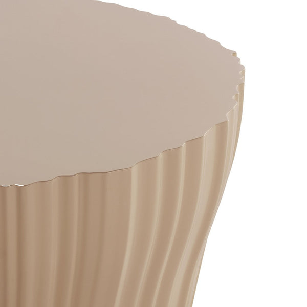 Beige ribbed side table with a glossy, scalloped top, adding a modern touch to any decor.
