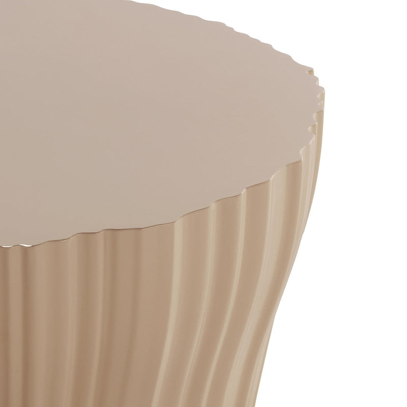 Beige ribbed side table with a glossy, scalloped top, adding a modern touch to any decor.