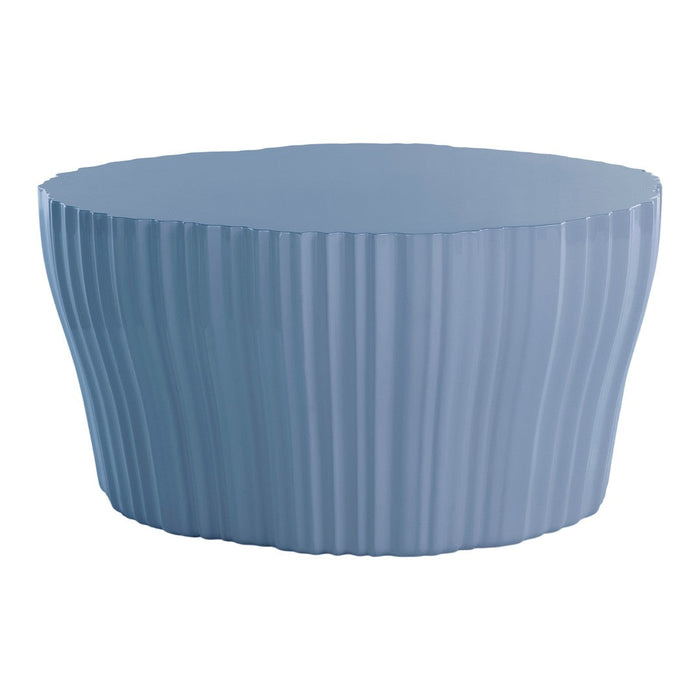 Round blue coffee table with a ribbed texture and glossy finish, perfect for modern decor.