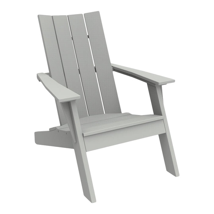 Gray Adirondack chair with a slatted design, perfect for outdoor lounging. Clean lines and modern aesthetic.