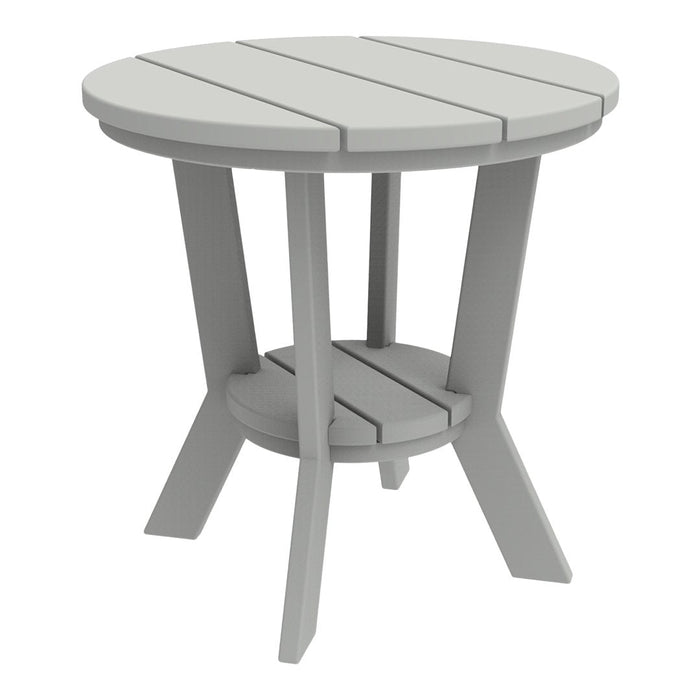 Gray round side table with slatted top and sturdy cross-legged base. Clean, modern design perfect for any space.