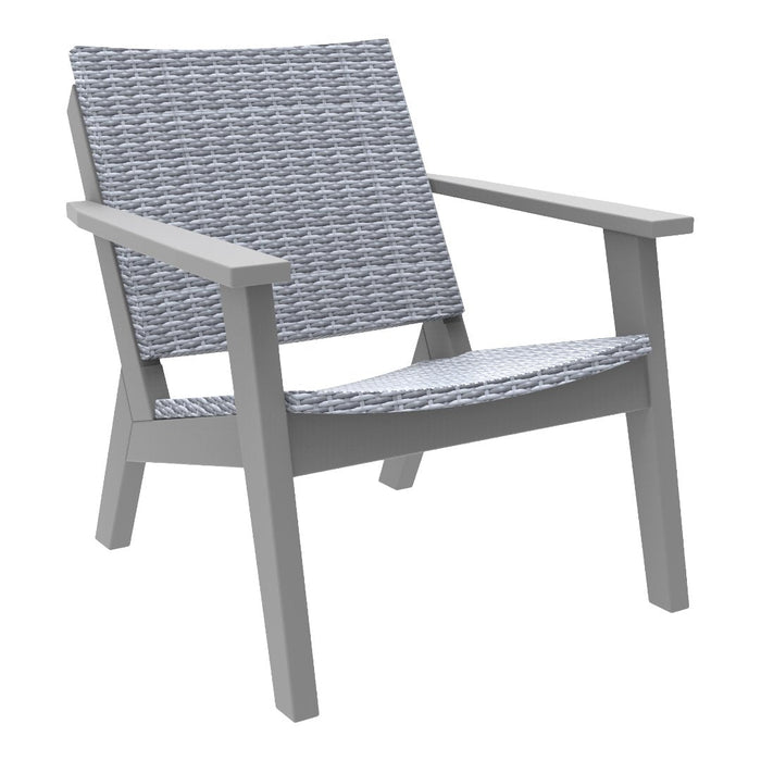 Gray patio chair with a woven pattern seat and backrest, featuring light gray wooden legs. Modern and stylish outdoor furniture.