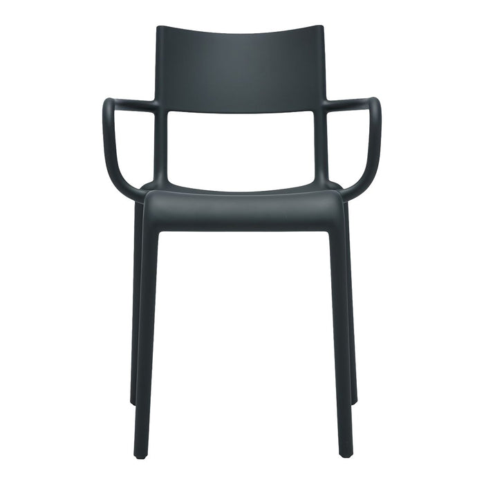 Stylish black chair with a sleek and modern design, featuring smooth lines and minimalistic patterns.