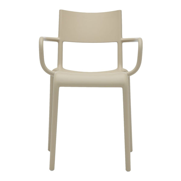 Beige minimalist chair with simple lines and no patterns, featuring curved armrests for comfort.