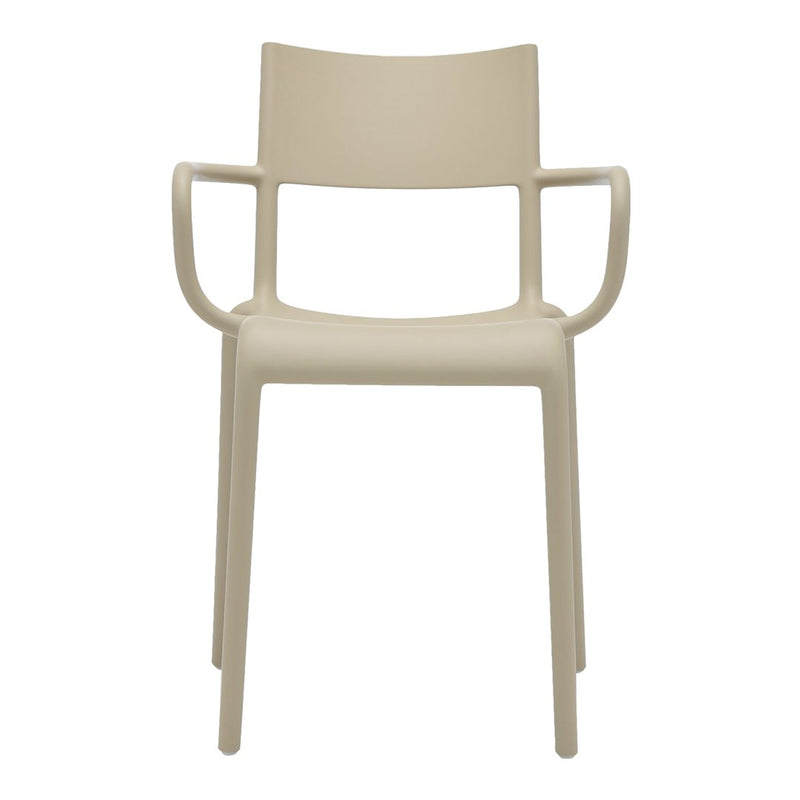 Beige minimalist chair with simple lines and no patterns, featuring curved armrests for comfort.
