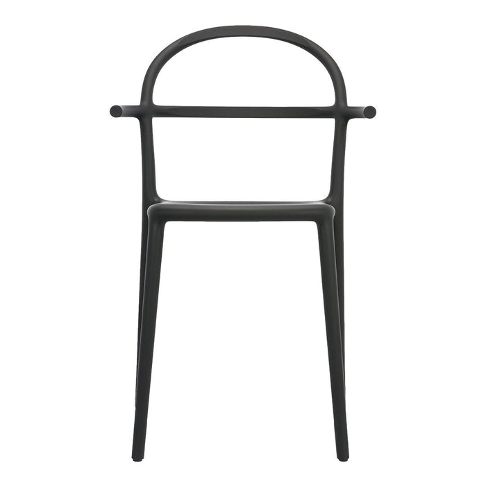 Black minimalist chair with a smooth, matte finish and simple geometric lines. Ideal for modern decor.