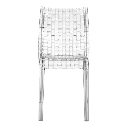 Transparent clear chair with a woven pattern, showcasing a modern and minimalist design.