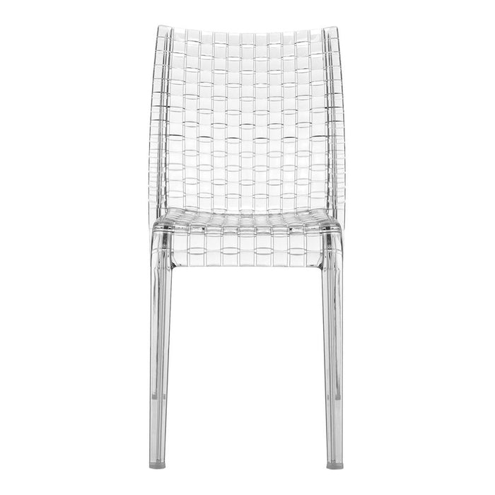 Transparent clear chair with a woven pattern, showcasing a modern and minimalist design.
