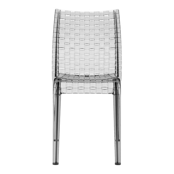 Transparent woven design chair with sleek silver legs, featuring intricate grid-like pattern. Perfect for modern decor.