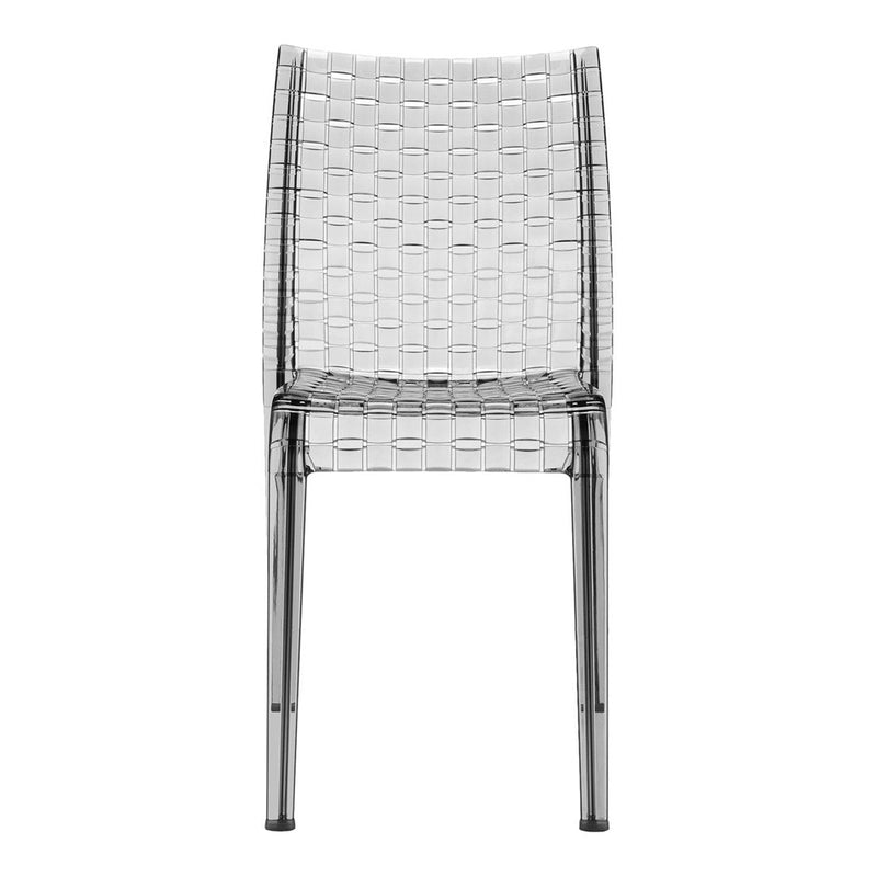 Transparent woven design chair with sleek silver legs, featuring intricate grid-like pattern. Perfect for modern decor.