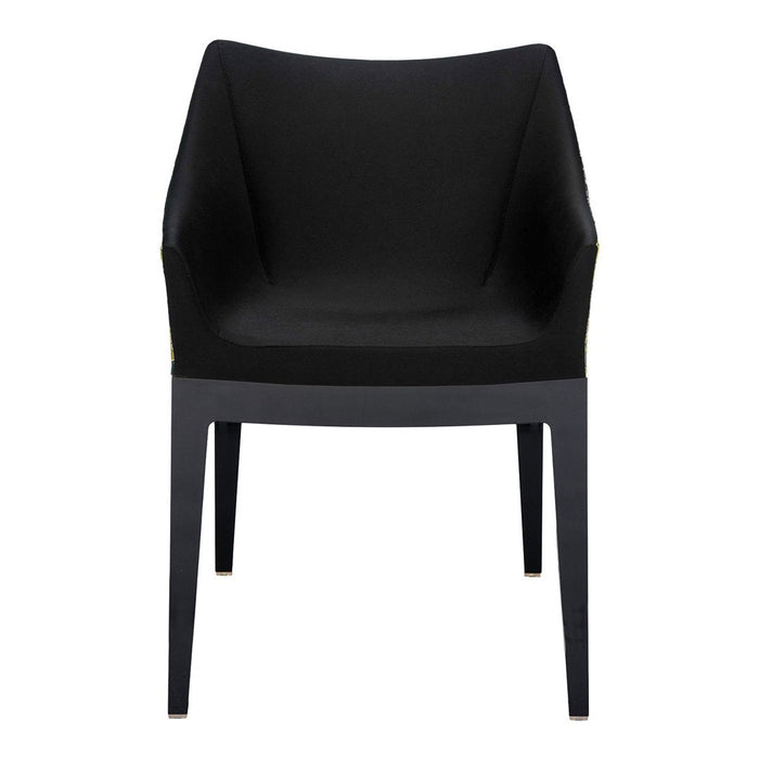 Sleek black upholstered chair with simple, modern design and smooth surface, featuring sturdy black legs.